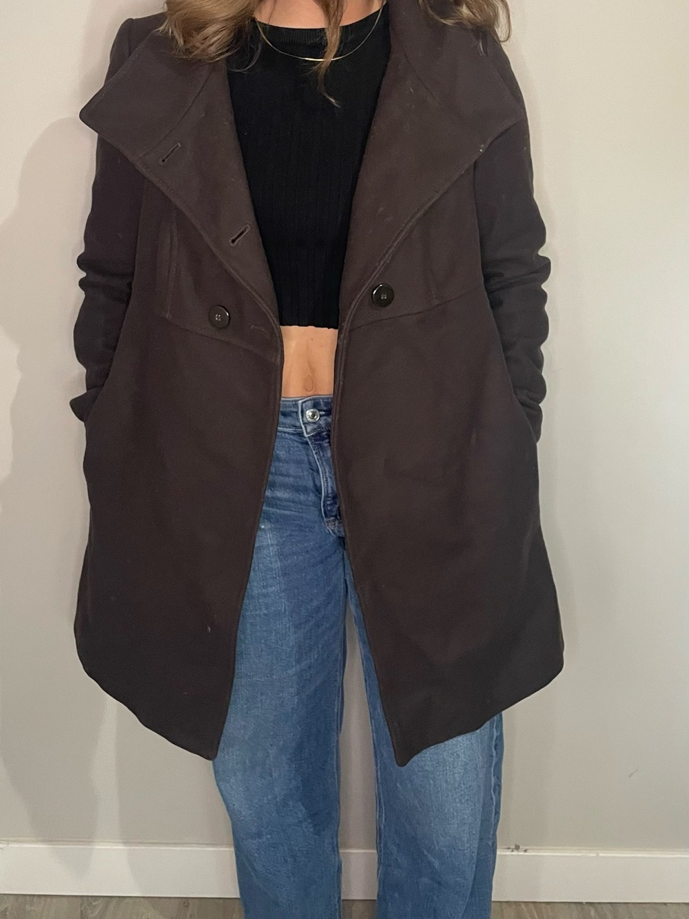 Classic Women's Dark Brown Wool-Blend Coat - Fits like US XS